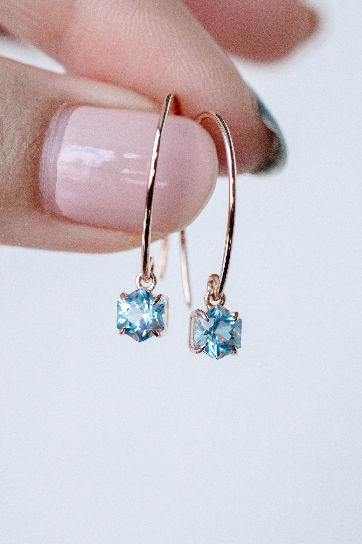 Starry Hexagon Sky Blue Topaz 0.65+0.65ct 14/18K Gold Hoop Earrings