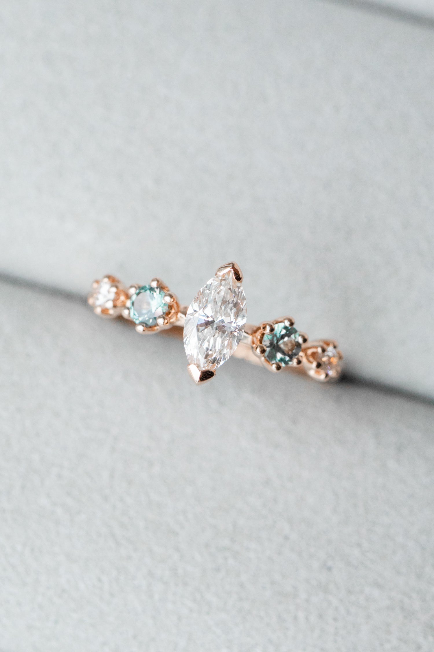 Brilliant Cut Marquise Diamond 0.31ct (With GIA Certificate) & Sapphires/ diamonds 18K Rose Gold Ring