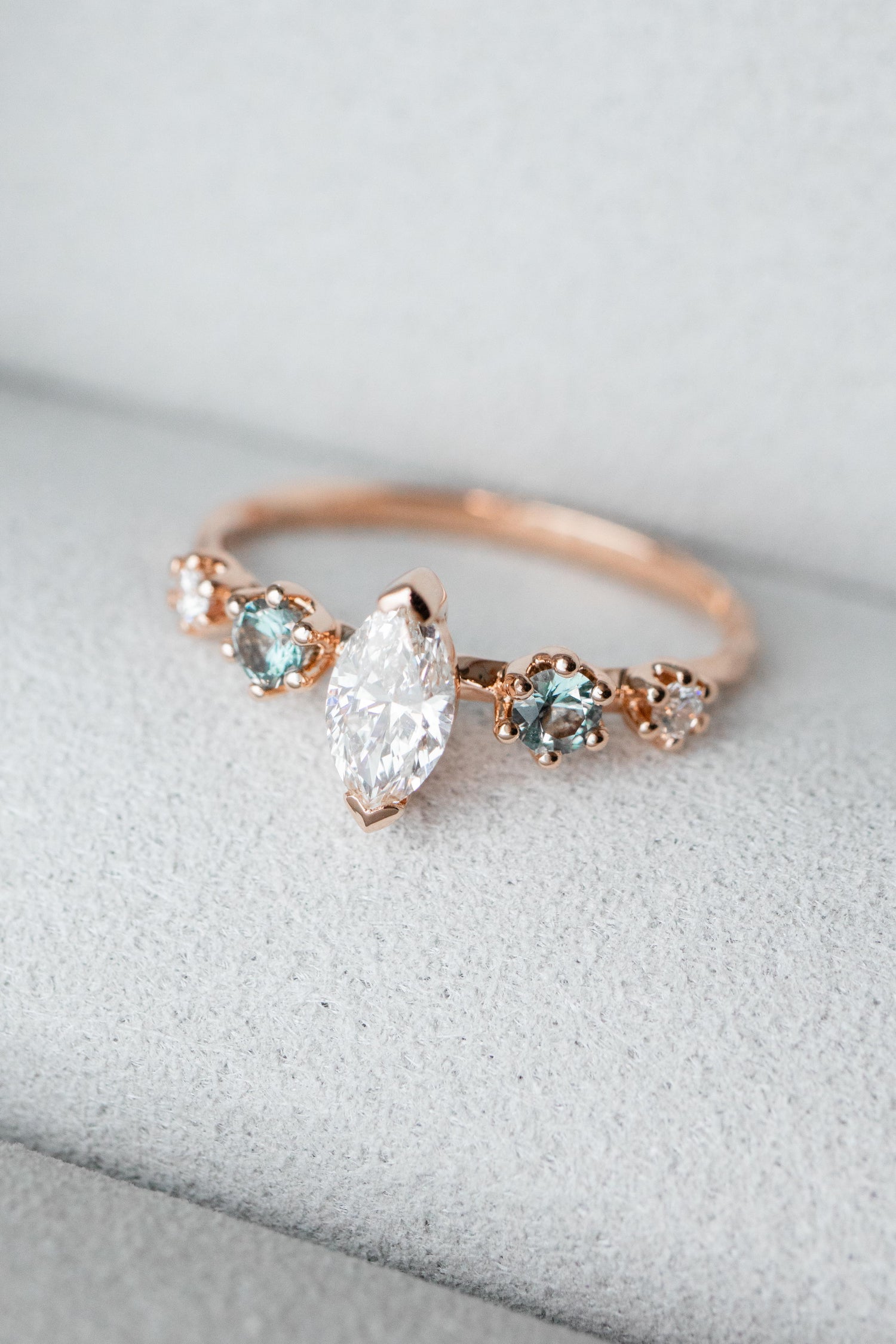 Brilliant Cut Marquise Diamond 0.31ct (With GIA Certificate) & Sapphires/ diamonds 18K Rose Gold Ring