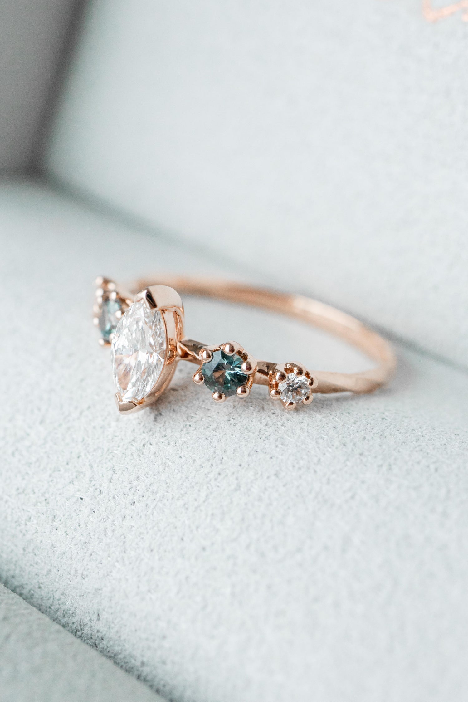 Brilliant Cut Marquise Diamond 0.31ct (With GIA Certificate) & Sapphires/ diamonds 18K Rose Gold Ring