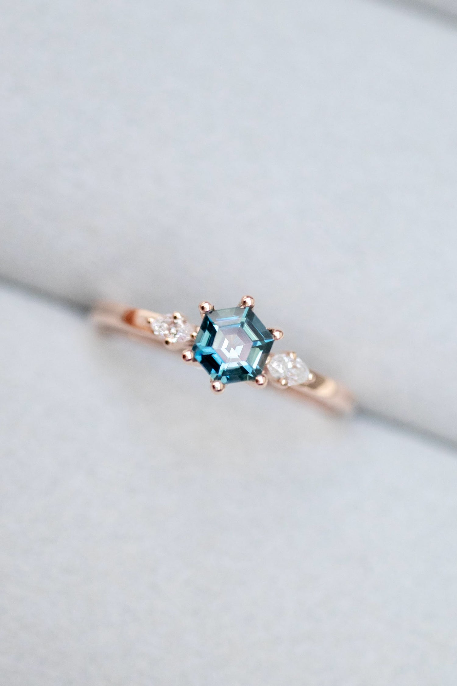 0.53ct Hexagon Teal Sapphire (Unheated With Certificate) & diamonds 18K Rose Gold Ring
