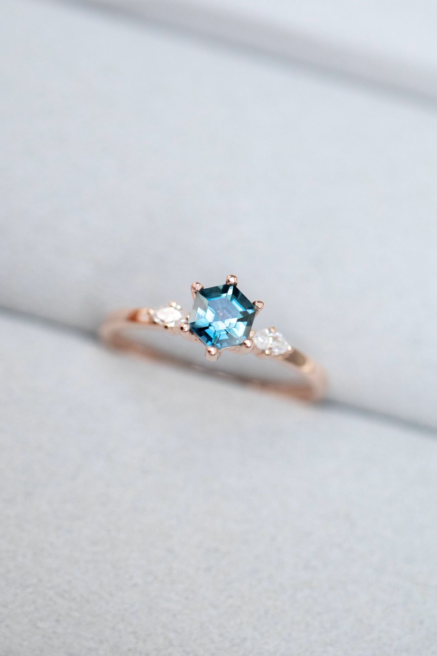 0.53ct Hexagon Teal Sapphire (Unheated With Certificate) & diamonds 18K Rose Gold Ring