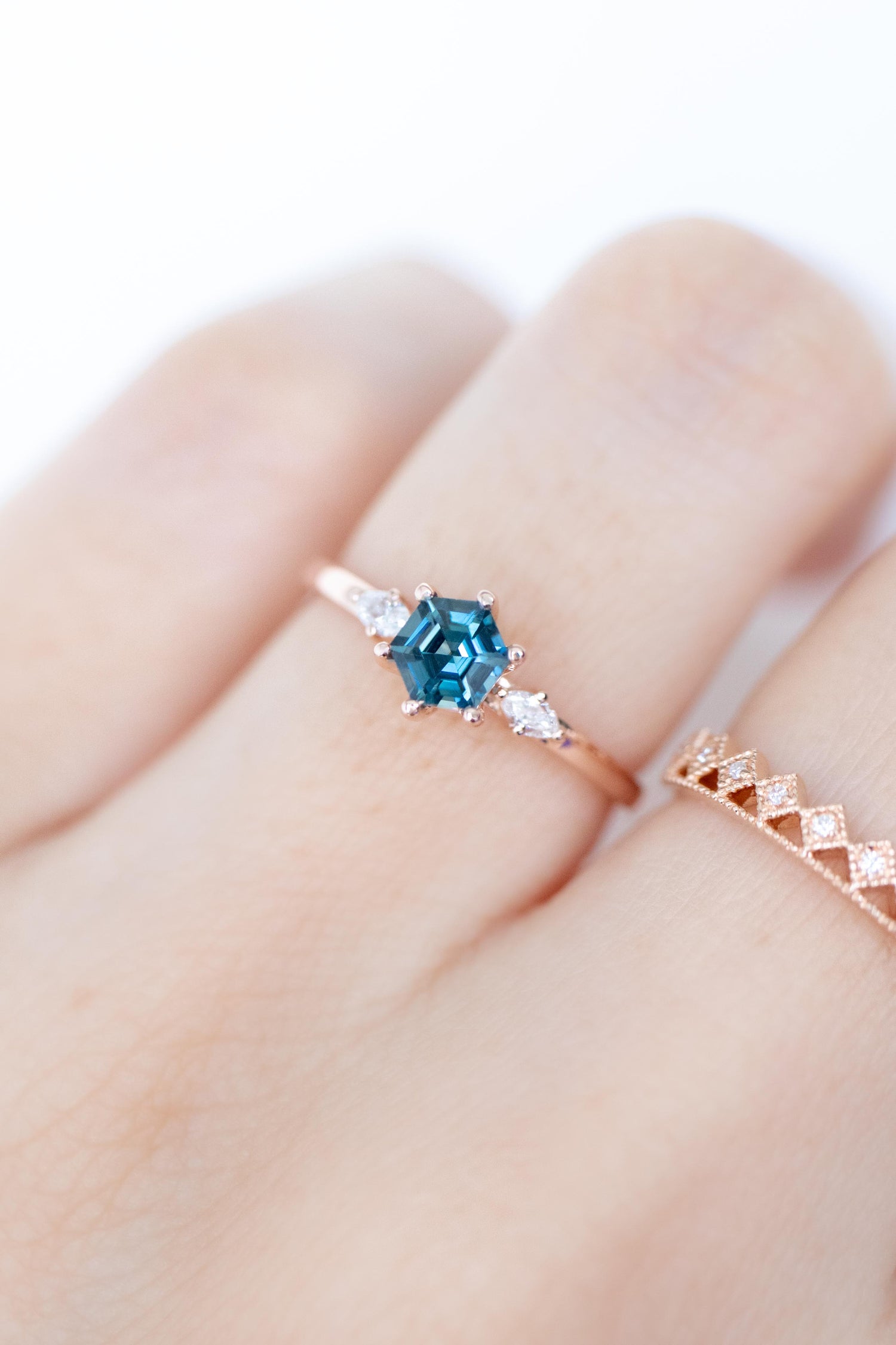 0.53ct Hexagon Teal Sapphire (Unheated With Certificate) & diamonds 18K Rose Gold Ring