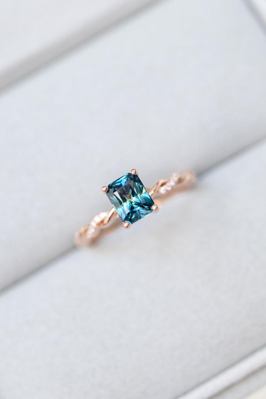 Tordue Radiant 1.09ct Teal Sapphire (Unheated with Certificate) & diamond 18K Rose Gold Engagement Ring