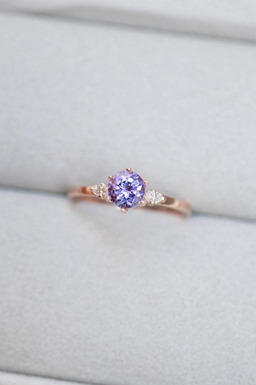 0.56ct Three Stone Style Tanzanite & diamond 14K Rose Gold Ring