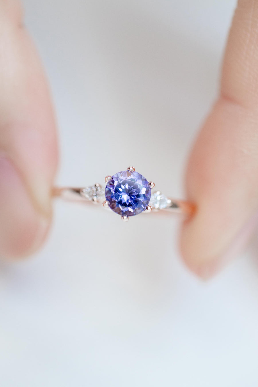 0.56ct Three Stone Style Tanzanite & diamond 14K Rose Gold Ring