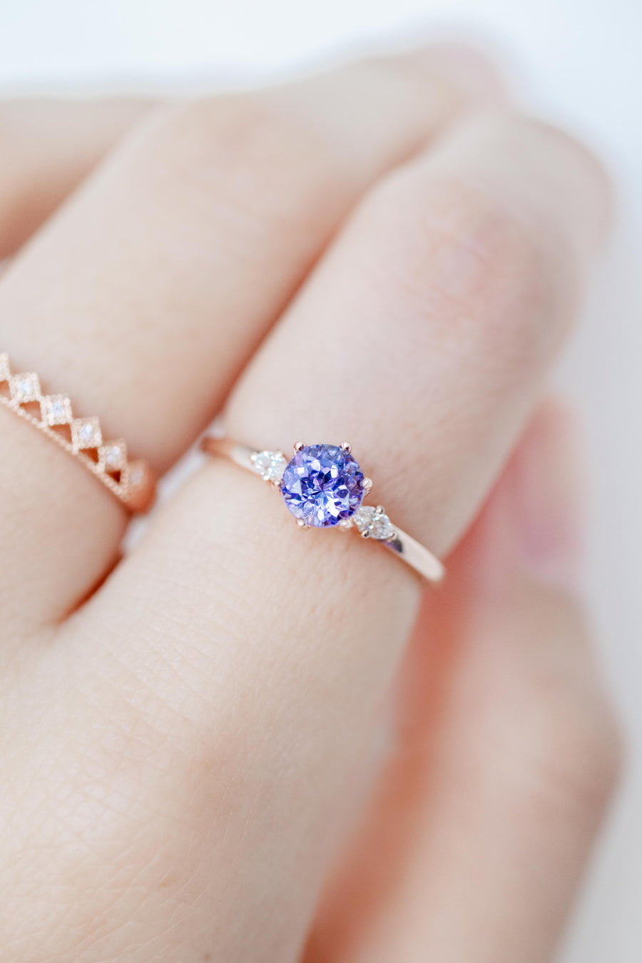 0.56ct Three Stone Style Tanzanite & diamond 14K Rose Gold Ring