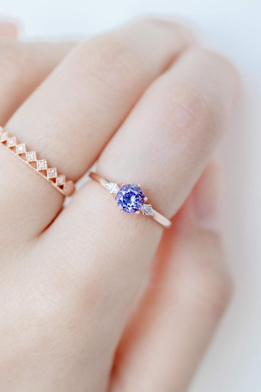 0.56ct Three Stone Style Tanzanite & diamond 14K Rose Gold Ring
