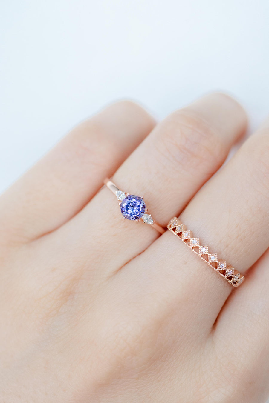 0.56ct Three Stone Style Tanzanite & diamond 14K Rose Gold Ring