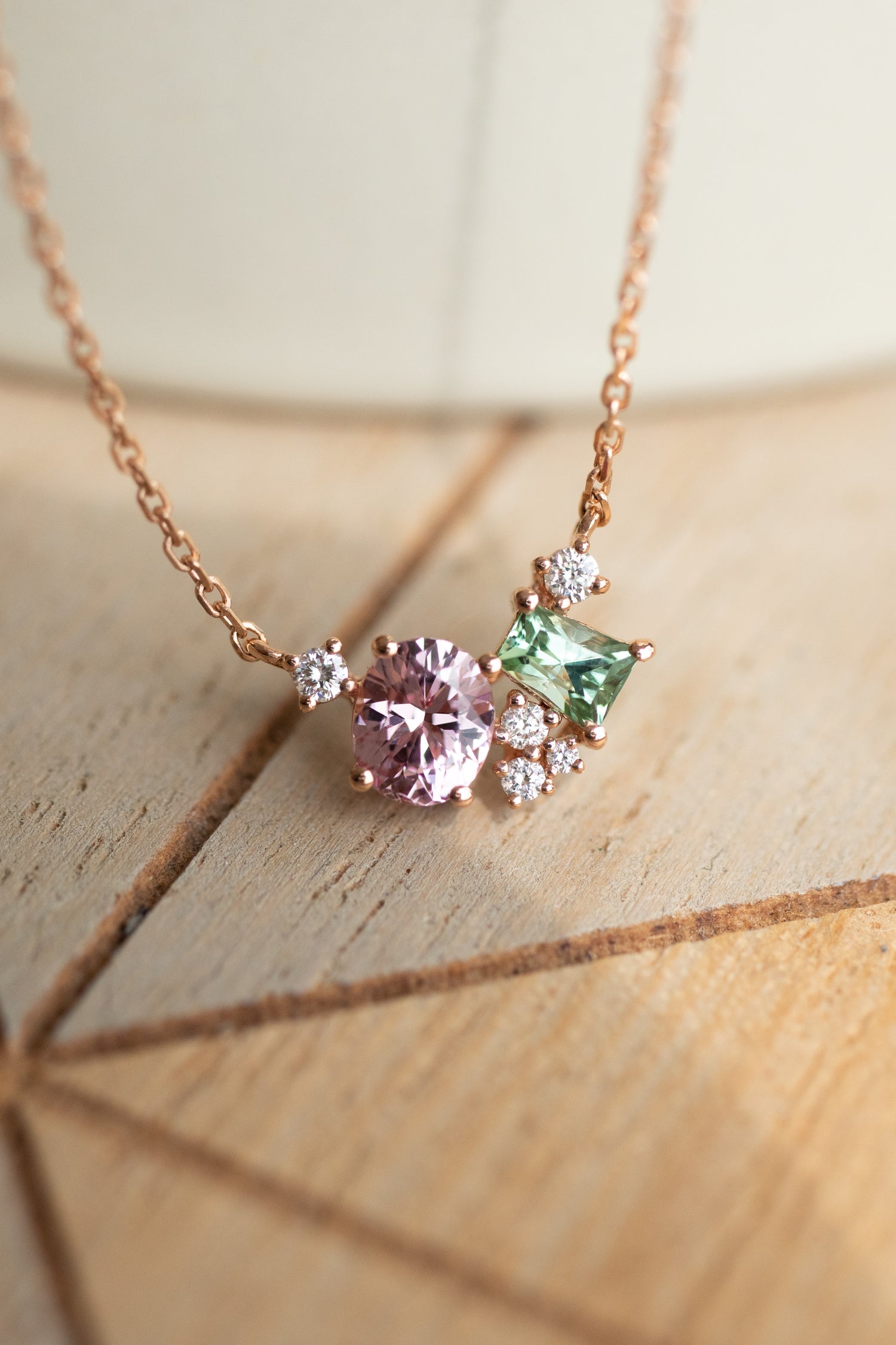0.19ct Green Emerald Tourmaline with 0.51ct Spinel & diamonds 18K Rose Gold Necklace