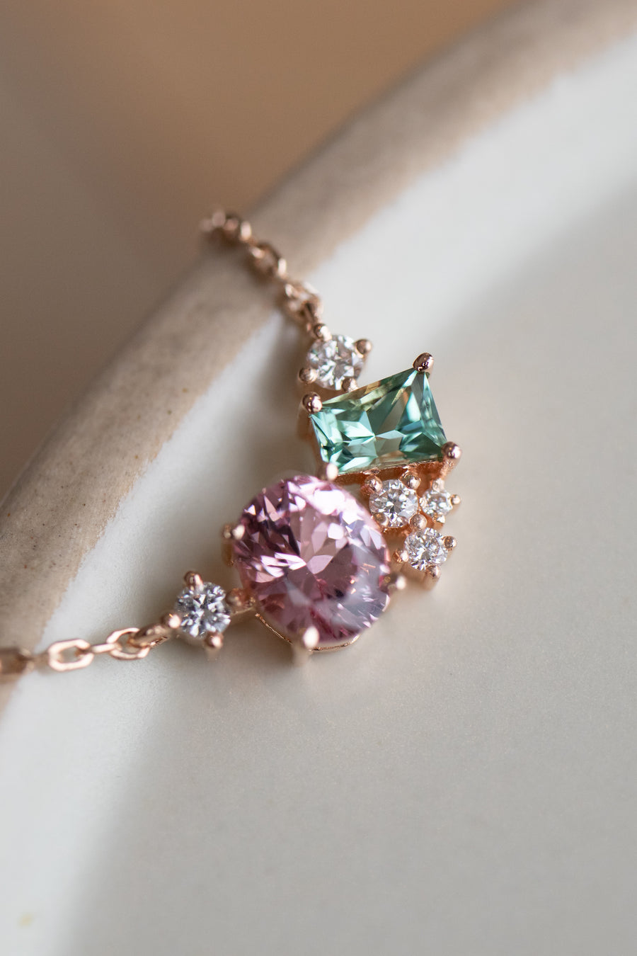 Green Emerald Tourmaline with Spinel & diamond 18K Rose Gold Necklace