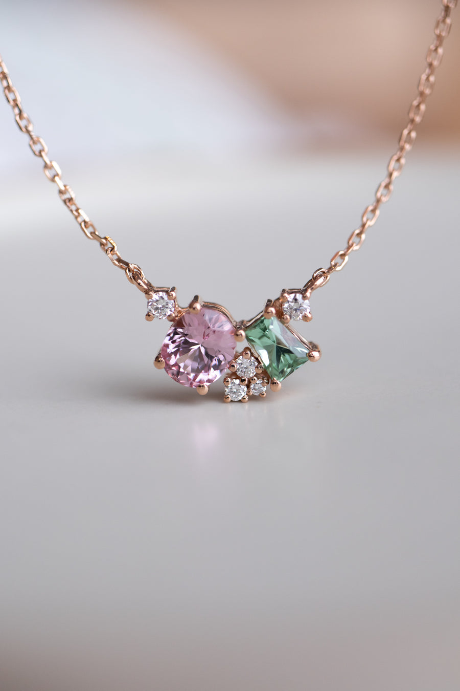 Green Emerald Tourmaline with Spinel & diamond 18K Rose Gold Necklace