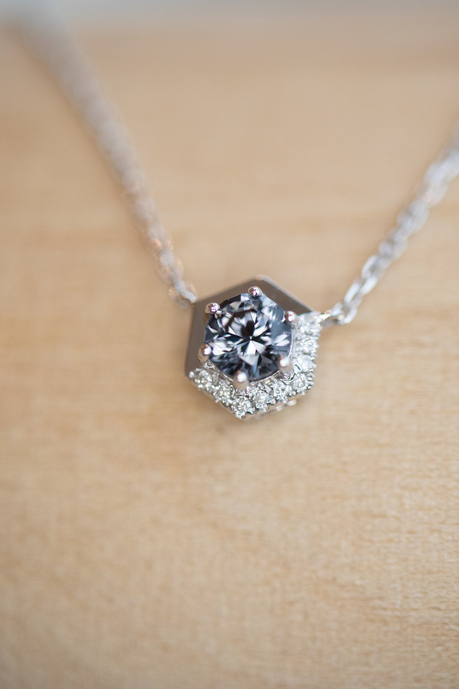 Golden Hexagon-shaped ~0.23-0.28ct Graylish Blue Spinel & diamonds 14/ 18K Gold Necklace