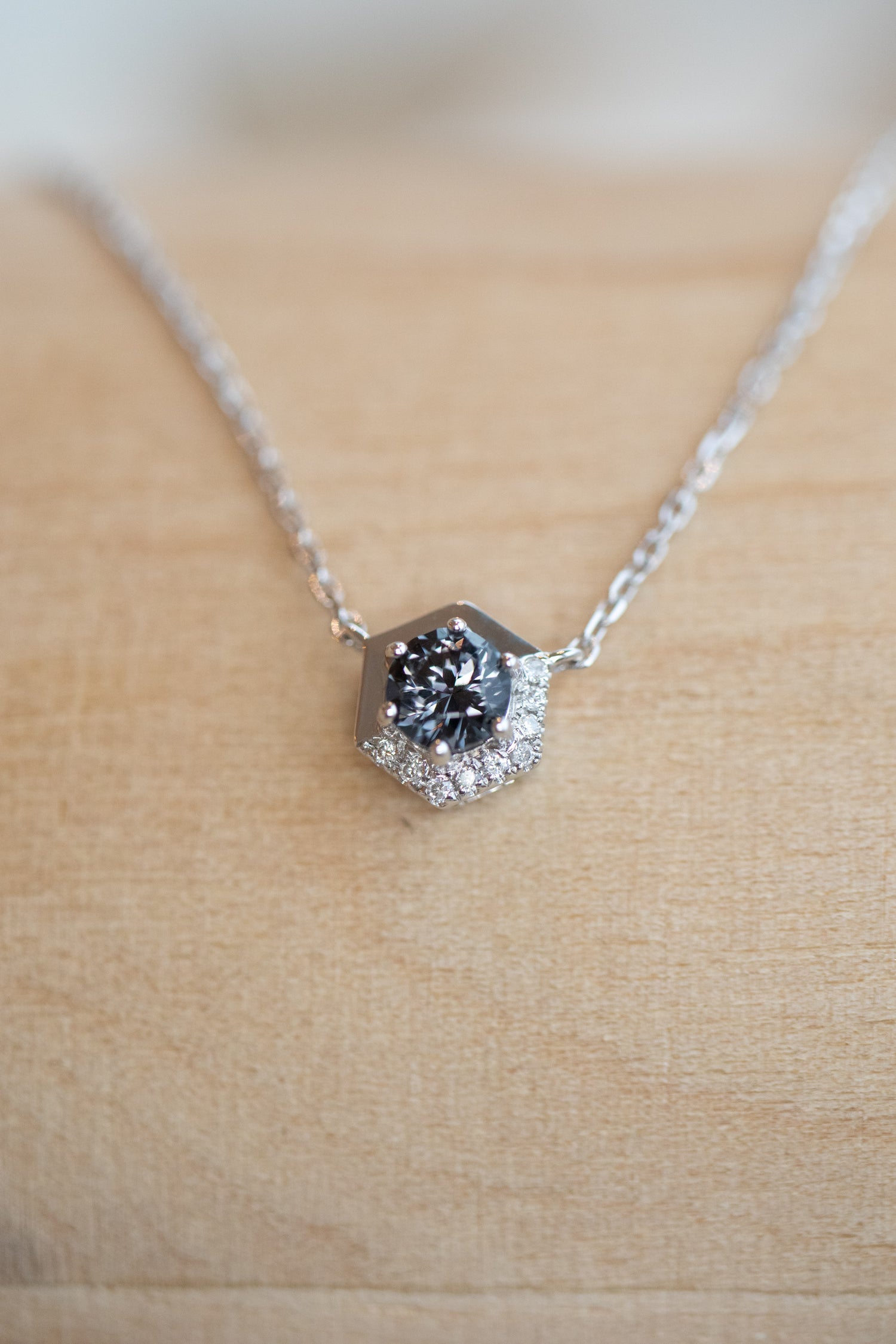Golden Hexagon-shaped ~0.23-0.28ct Graylish Blue Spinel & diamonds 14/ 18K Gold Necklace