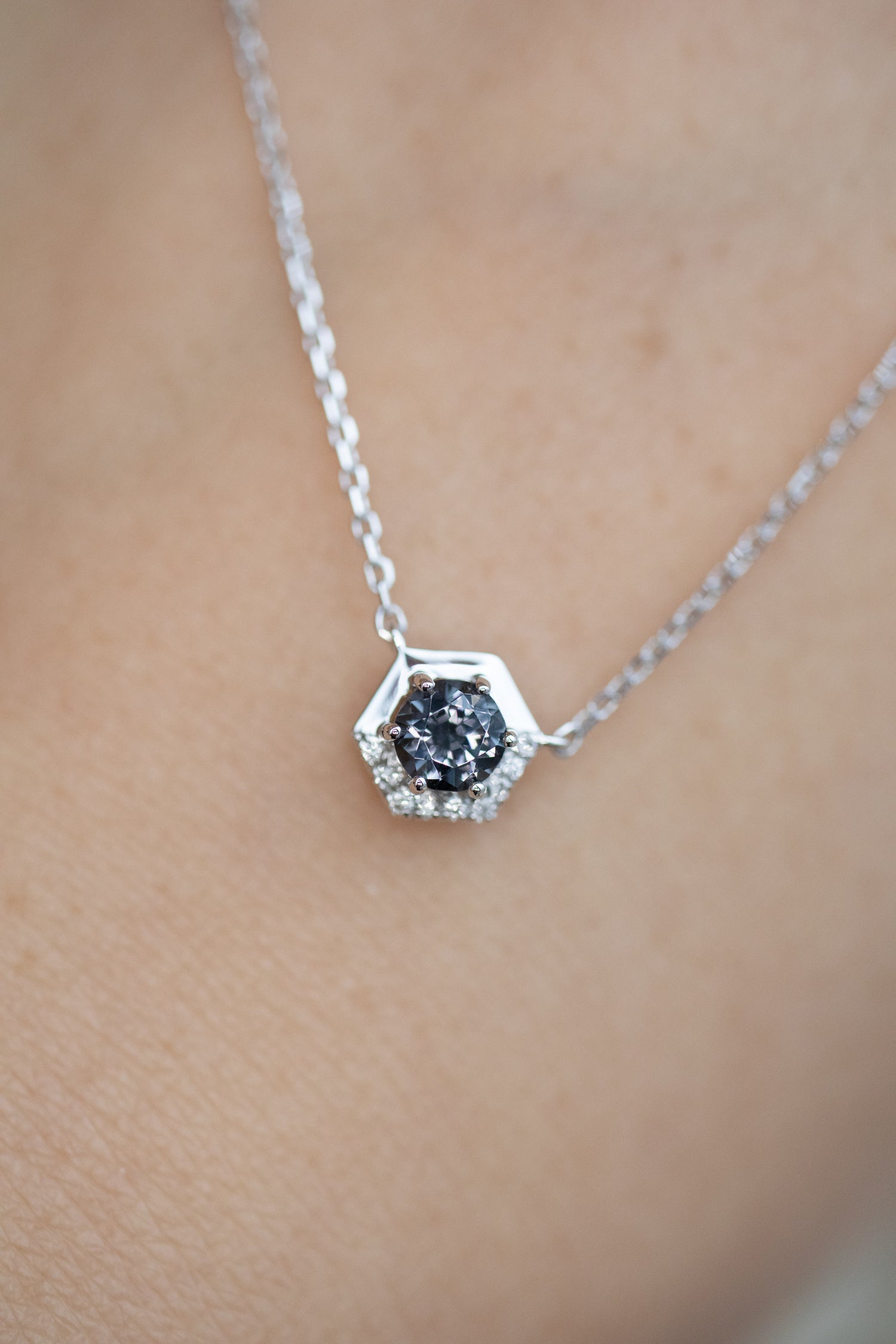 Golden Hexagon-shaped ~0.23-0.28ct Graylish Blue Spinel & diamonds 14/ 18K Gold Necklace
