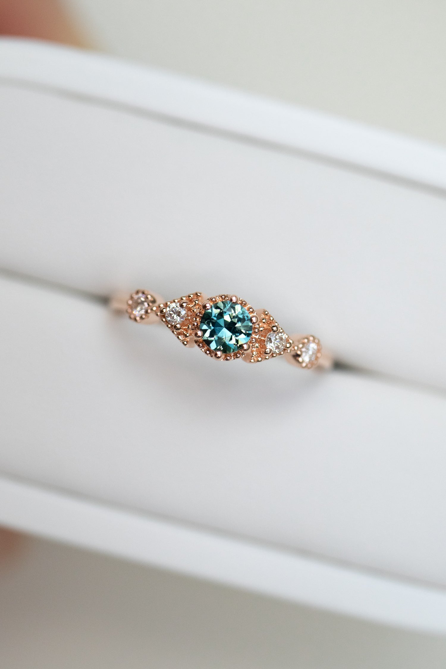 Triangle-shaped Five Stone 0.28ct Round Teal Green Sapphire & diamond 18K Gold Ring