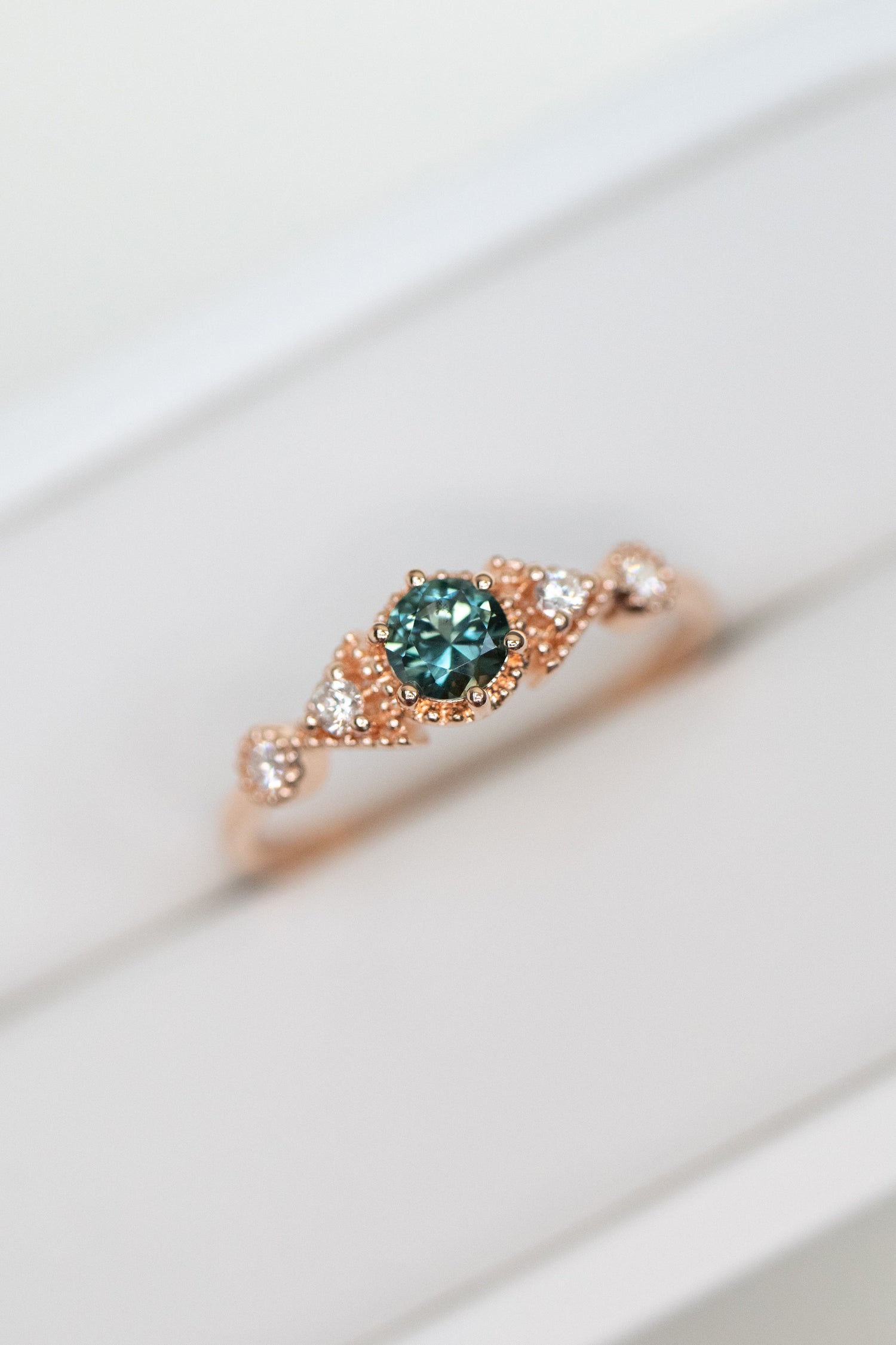 Triangle-shaped Five Stone 0.28ct Round Teal Green Sapphire & diamond 18K Gold Ring