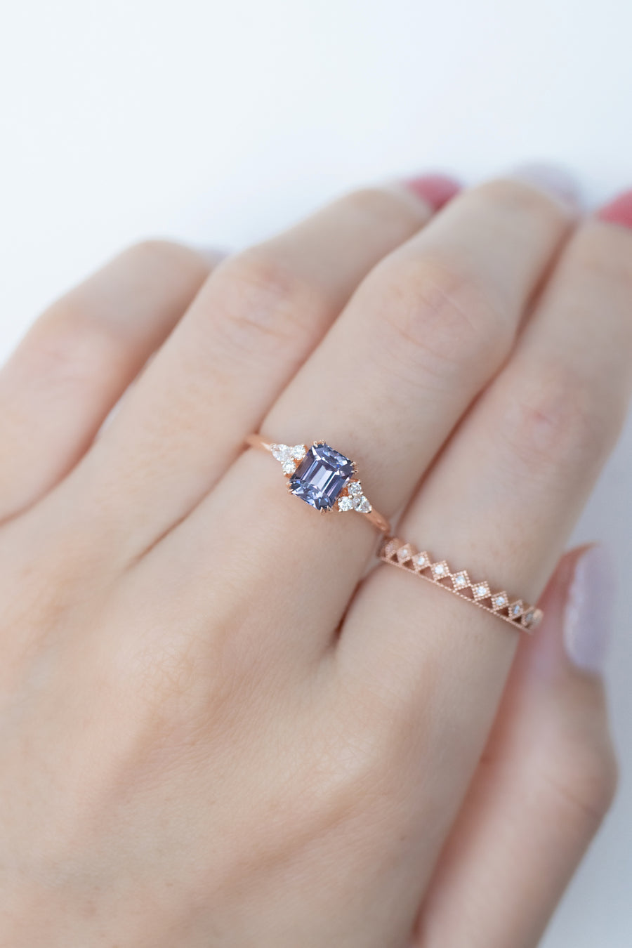 1.12ct Emerald Cut Purplish Blue Spinel & diamond 18K Rose Gold Ring