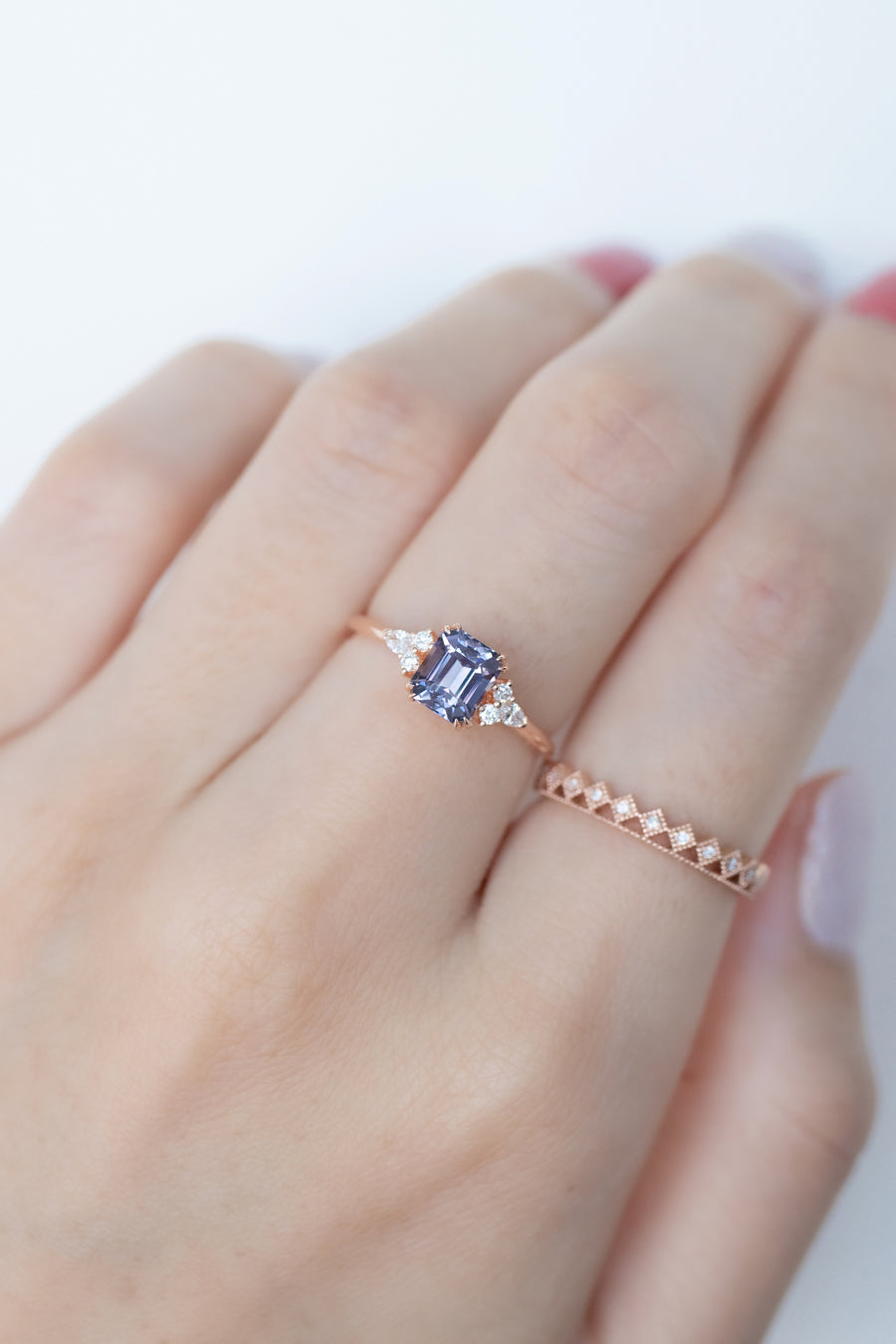 1.12carat Emerald Cut Purplish Blue Spinel & total 0.14carat Diamonds 18K Rose Gold Ring