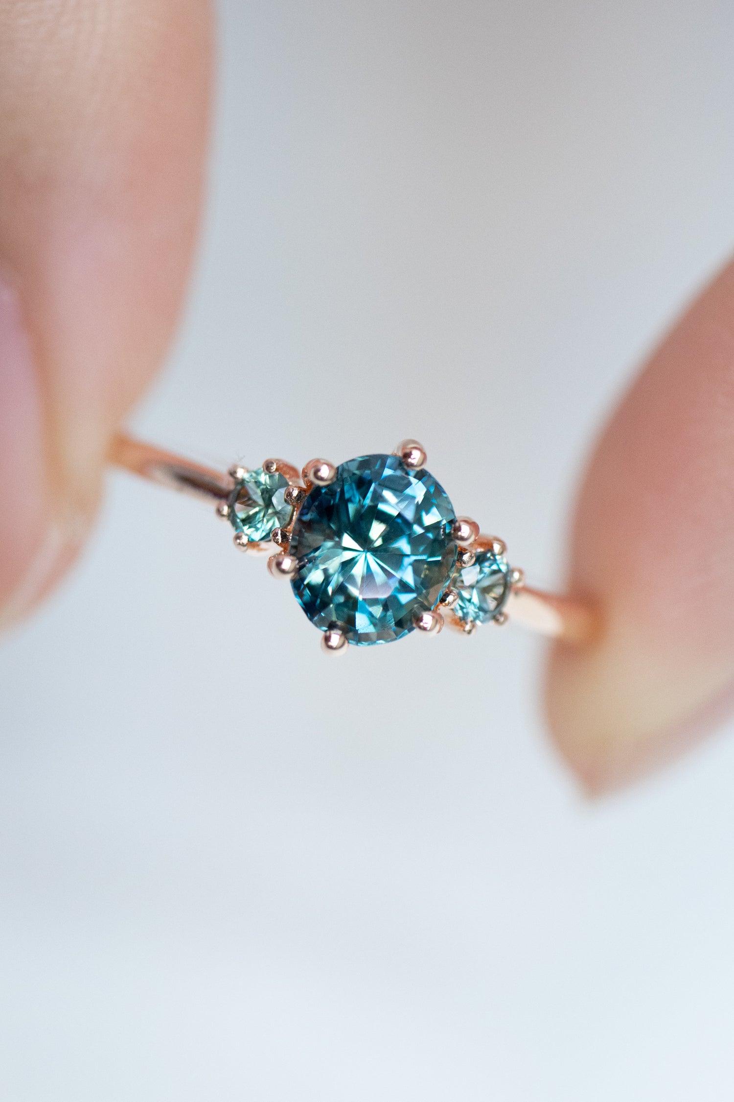 1.16ct Three Stone Teal Sapphire (Unheated with Certificate) 18K Rose Gold Engagement Ring