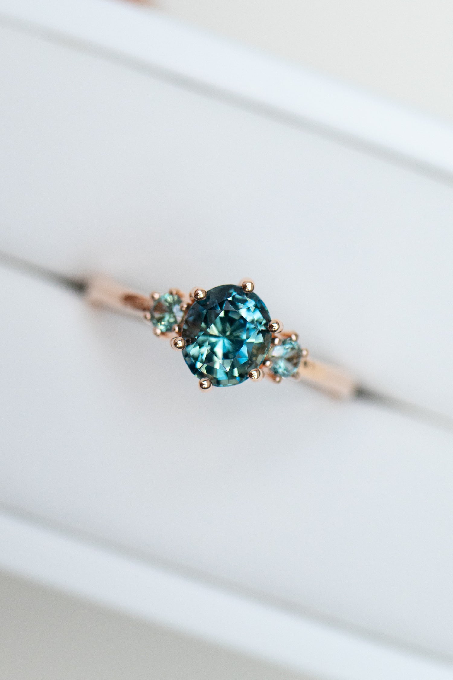 1.16ct Three Stone Teal Sapphire (Unheated with Certificate) 18K Rose Gold Engagement Ring