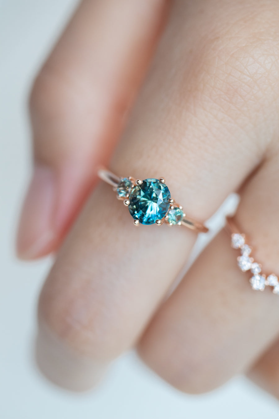 1.16carat Natural Teal Sapphire (Unheated with Certificate) & total 0.16 Sapphire Three Stone Style 18K Rose Gold Ring