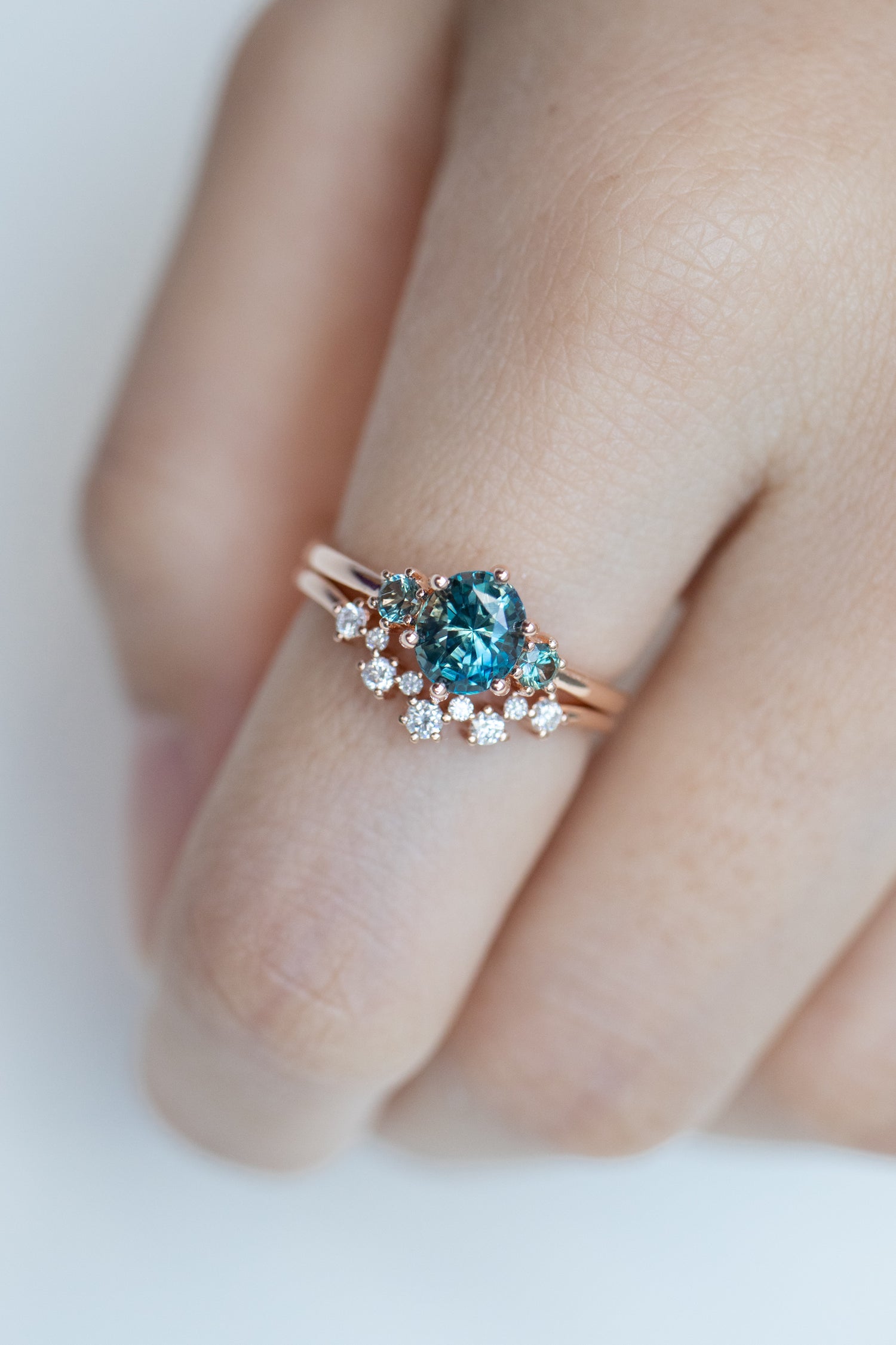 1.16ct Three Stone Teal Sapphire (Unheated with Certificate) 18K Rose Gold Engagement Ring
