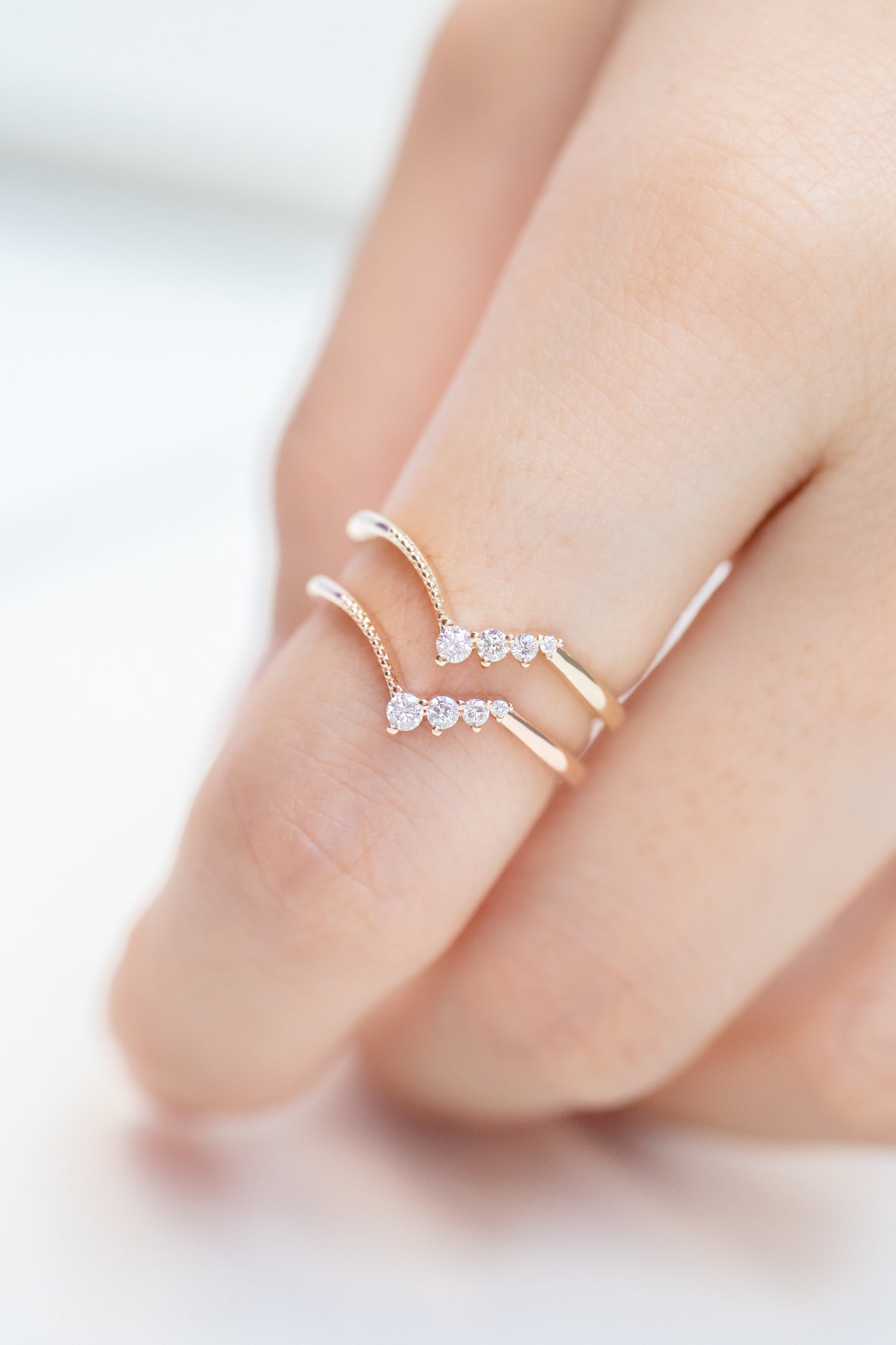 Top Quality Three Tiny diamond V Shape 14/ 18K Gold Stacking Ring