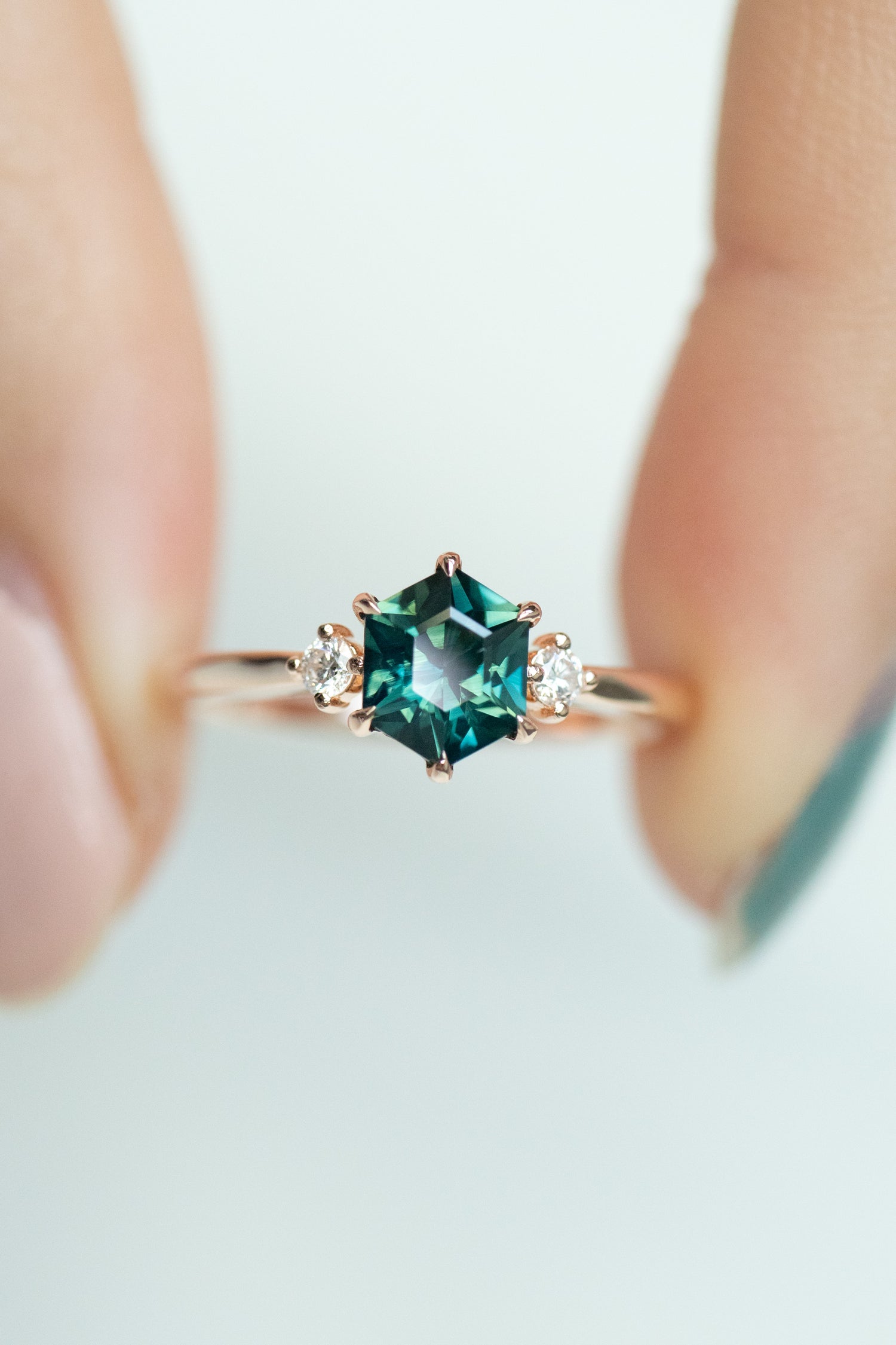 0.94ct Three Stone Hexagon Teal Sapphire (Unheated with Certificate) & diamonds 18K Rose Gold Engagement Ring