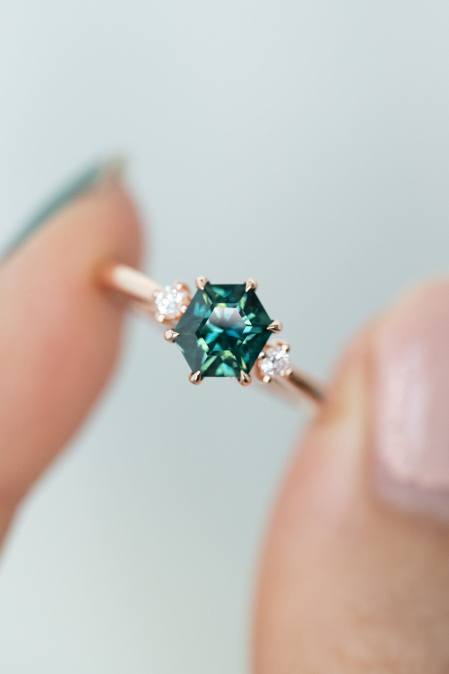 0.94ct Three Stone Hexagon Teal Sapphire (Unheated with Certificate) & diamonds 18K Rose Gold Engagement Ring