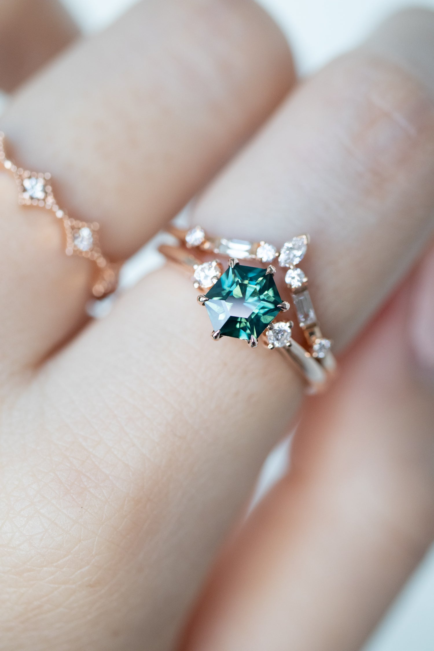 0.94ct Three Stone Hexagon Teal Sapphire (Unheated with Certificate) & diamonds 18K Rose Gold Engagement Ring