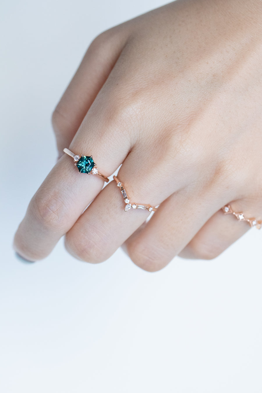 0.94ct Three Stone Hexagon Hexagon Sapphire (Unheated with Certificate) & diamond 18K Rose Gold Engagement Ring