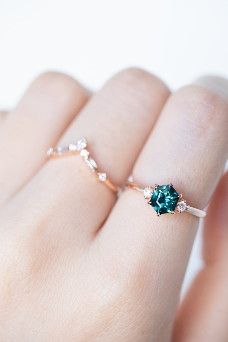 0.94ct Three Stone Hexagon Hexagon Sapphire (Unheated with Certificate) & diamond 18K Rose Gold Engagement Ring