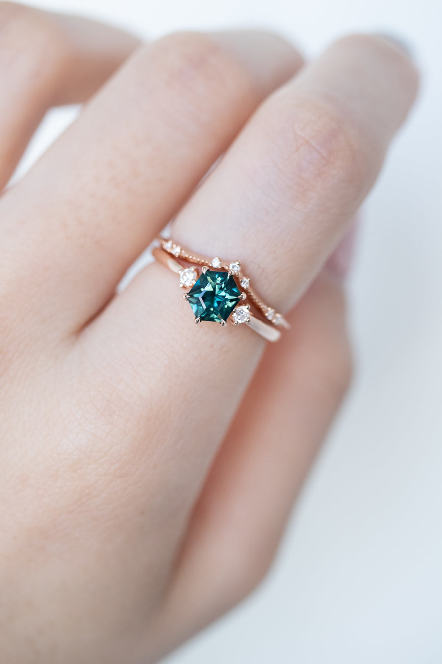 0.94ct Three Stone Hexagon Hexagon Sapphire (Unheated with Certificate) & diamond 18K Rose Gold Engagement Ring