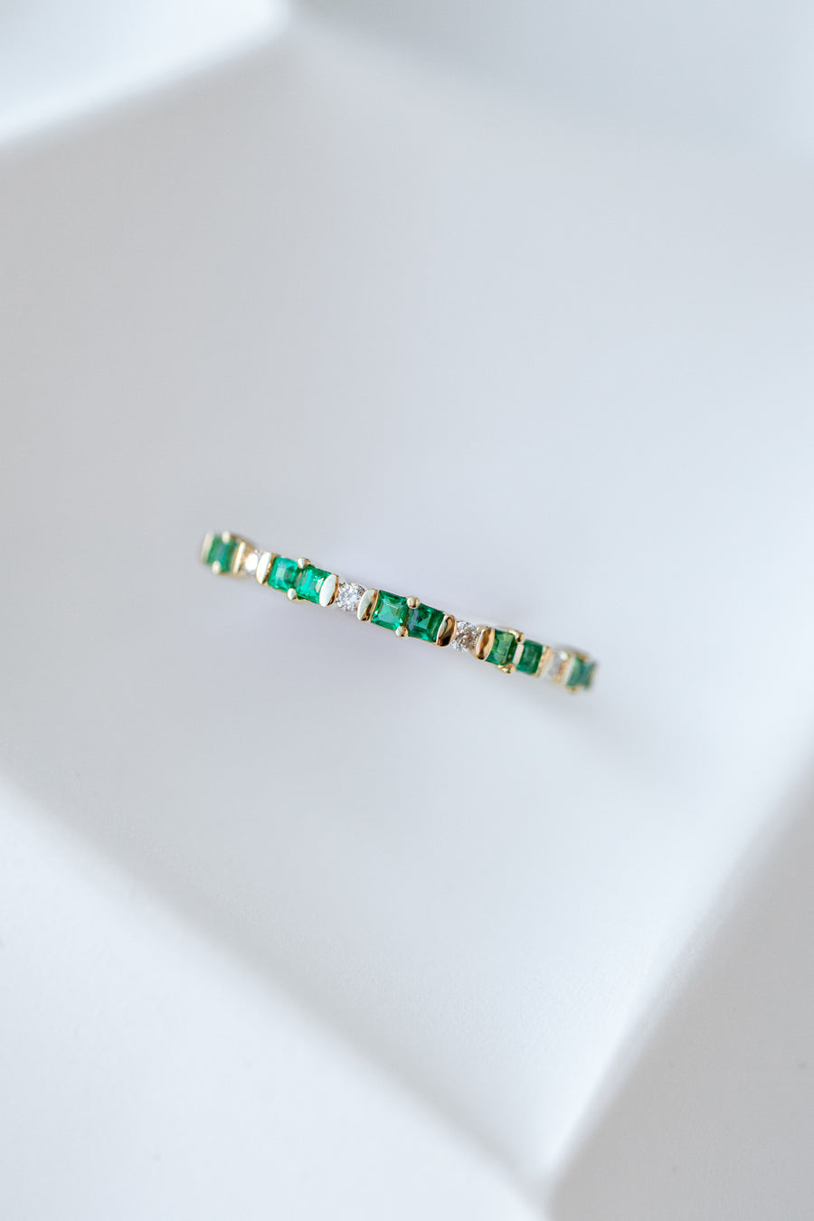 Princesse Cut Emerald & diamond 18K Half Eternity Yellow Gold Ring