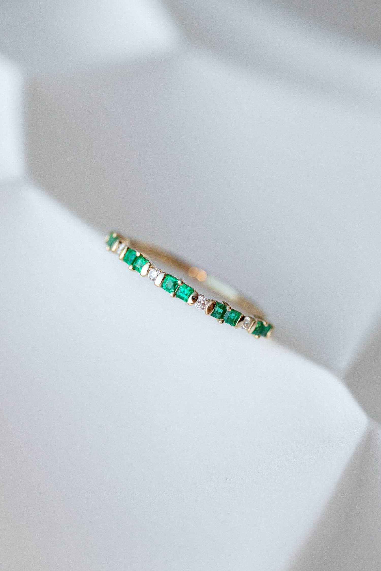 Total 0.15ct Princesse Cut Emerald & diamonds 18K Half Eternity Yellow Gold Ring