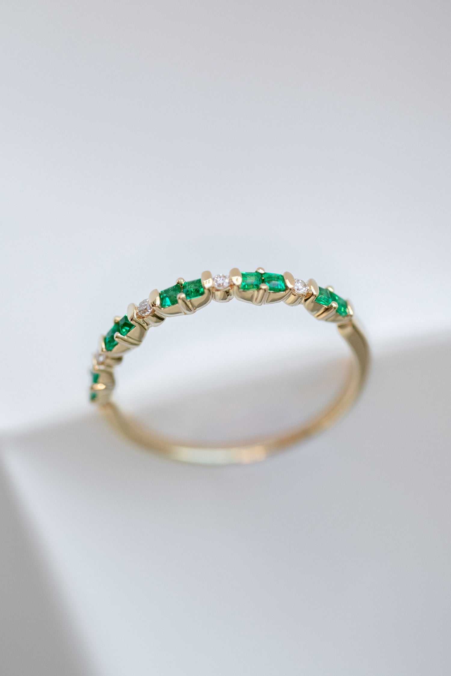 Total 0.15ct Princesse Cut Emerald & diamonds 18K Half Eternity Yellow Gold Ring