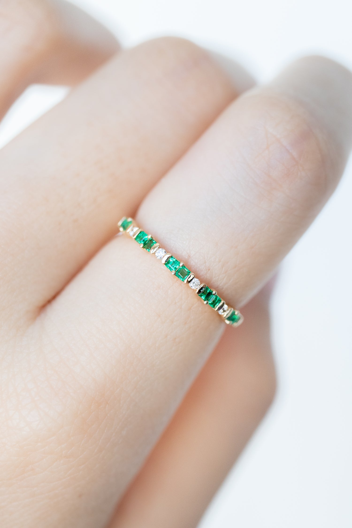Total 0.15ct Princesse Cut Emerald & diamonds 18K Half Eternity Yellow Gold Ring
