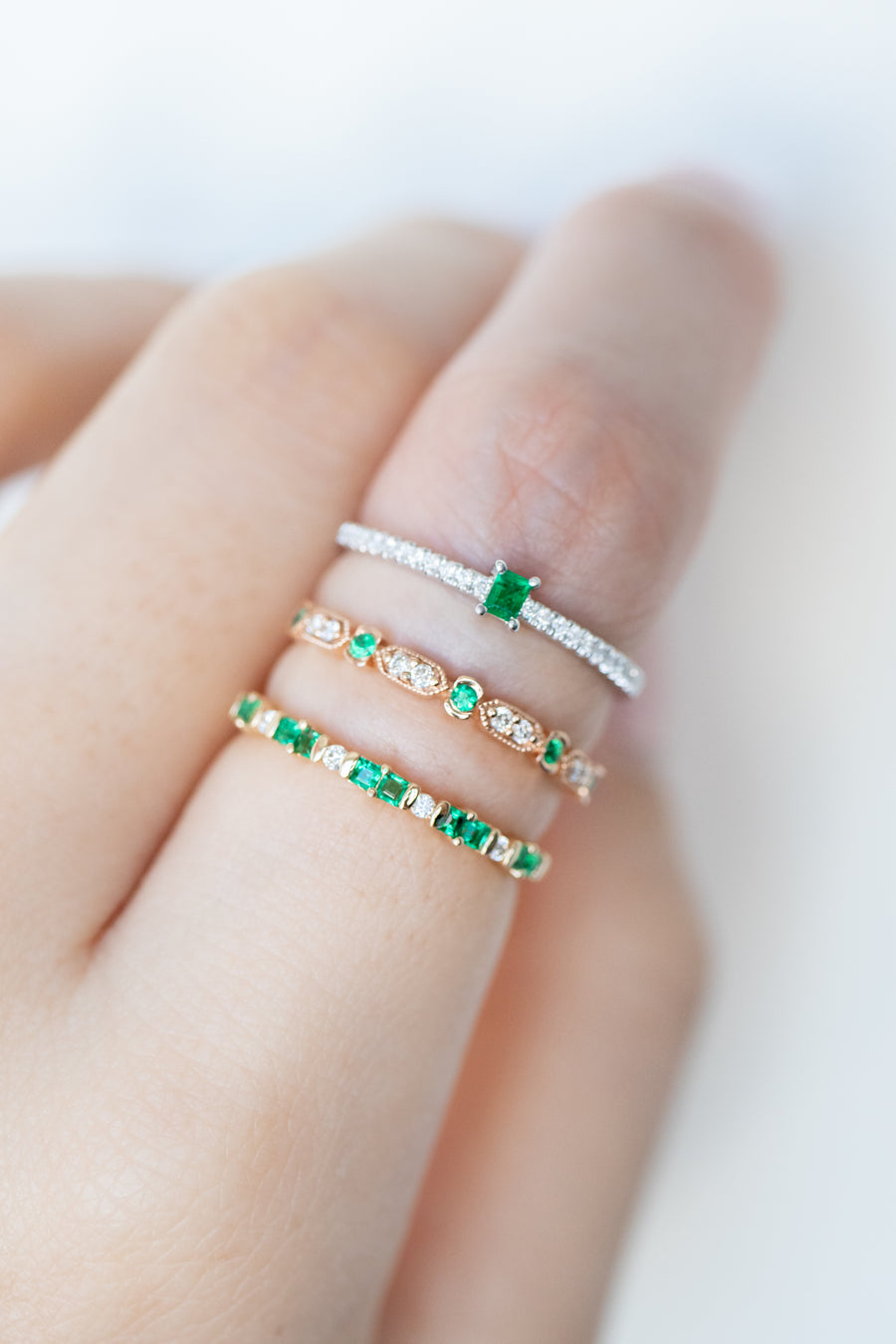 Princesse Cut Emerald & diamond 18K Half Eternity Yellow Gold Ring