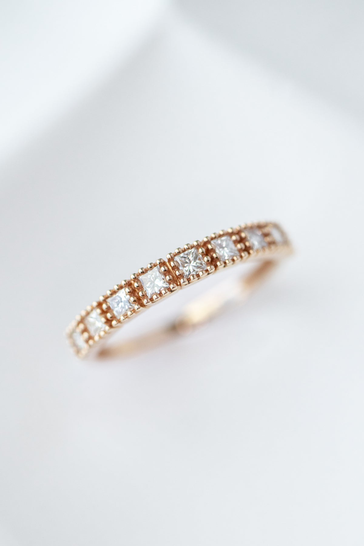 Princess cut Diamond 14/ 18K Gold Half Eternity Beaded Ring