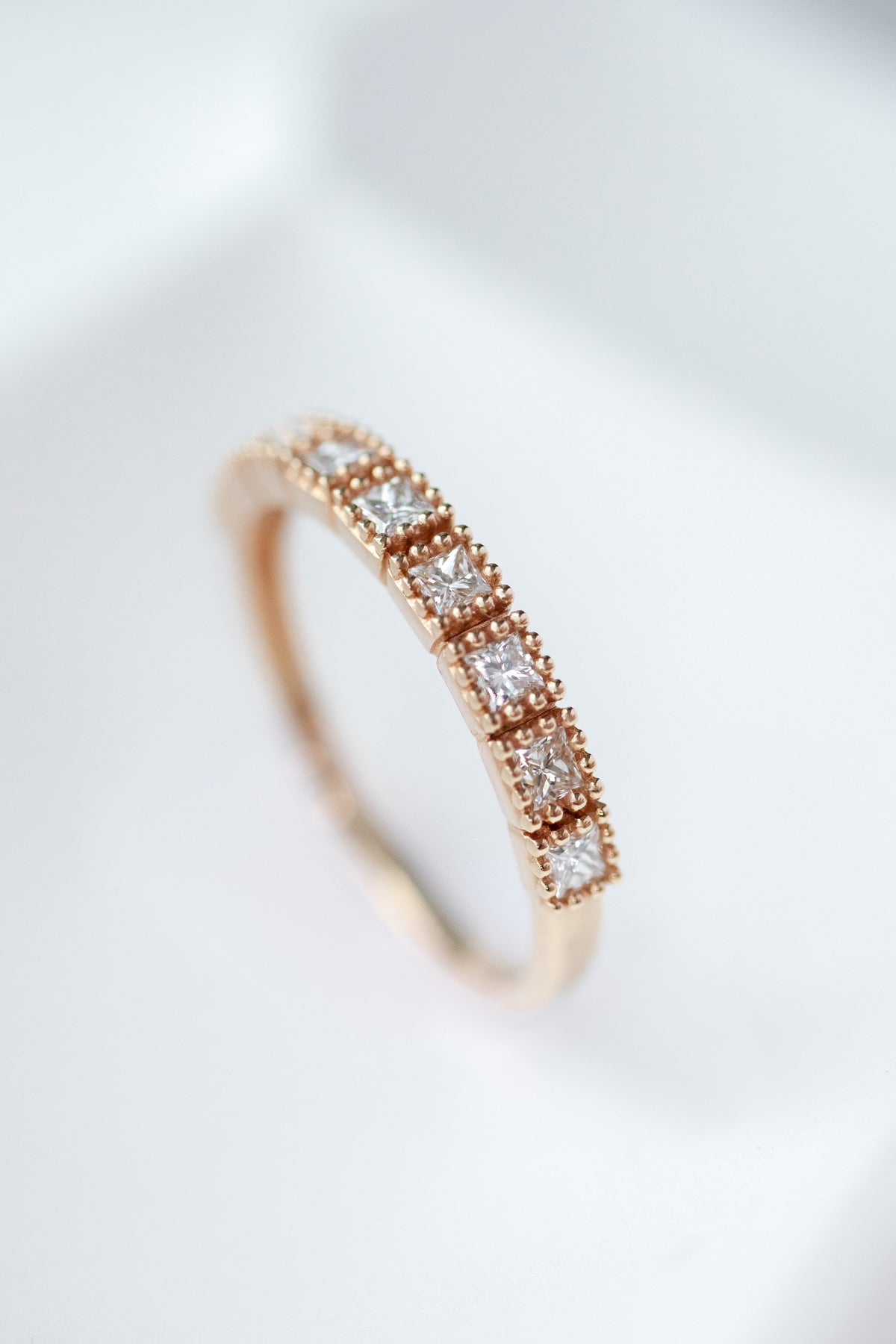 Princess cut Diamond 14/ 18K Gold Half Eternity Beaded Ring