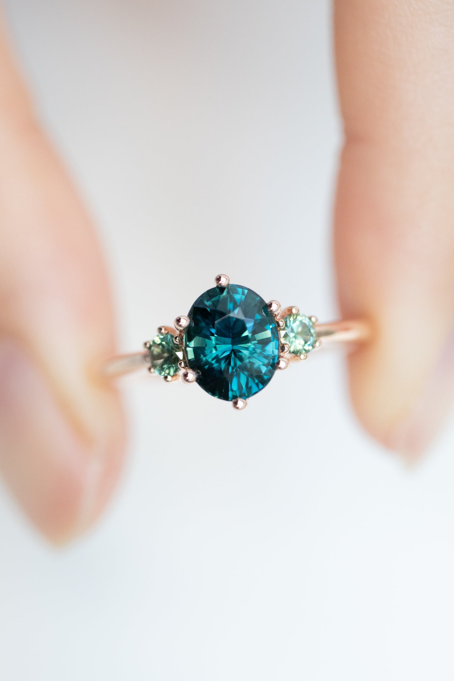 1.33ct Oval Teal Sapphire (Unheated with Certificate) 18K Rose Gold Engagement Ring
