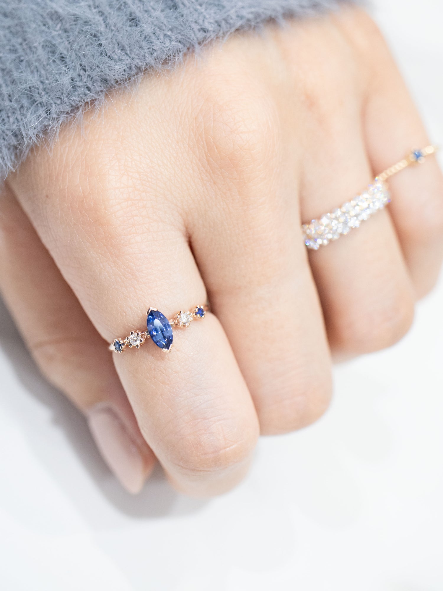PREORDER - ~0.50ct Marquise Sapphire & diamonds 14/18K Gold twisted Ring