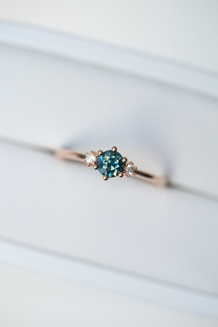 PREORDER - ~0.30ct Teal Sapphire & diamond 18K with total 0.04carat Diamond Stacking Ring