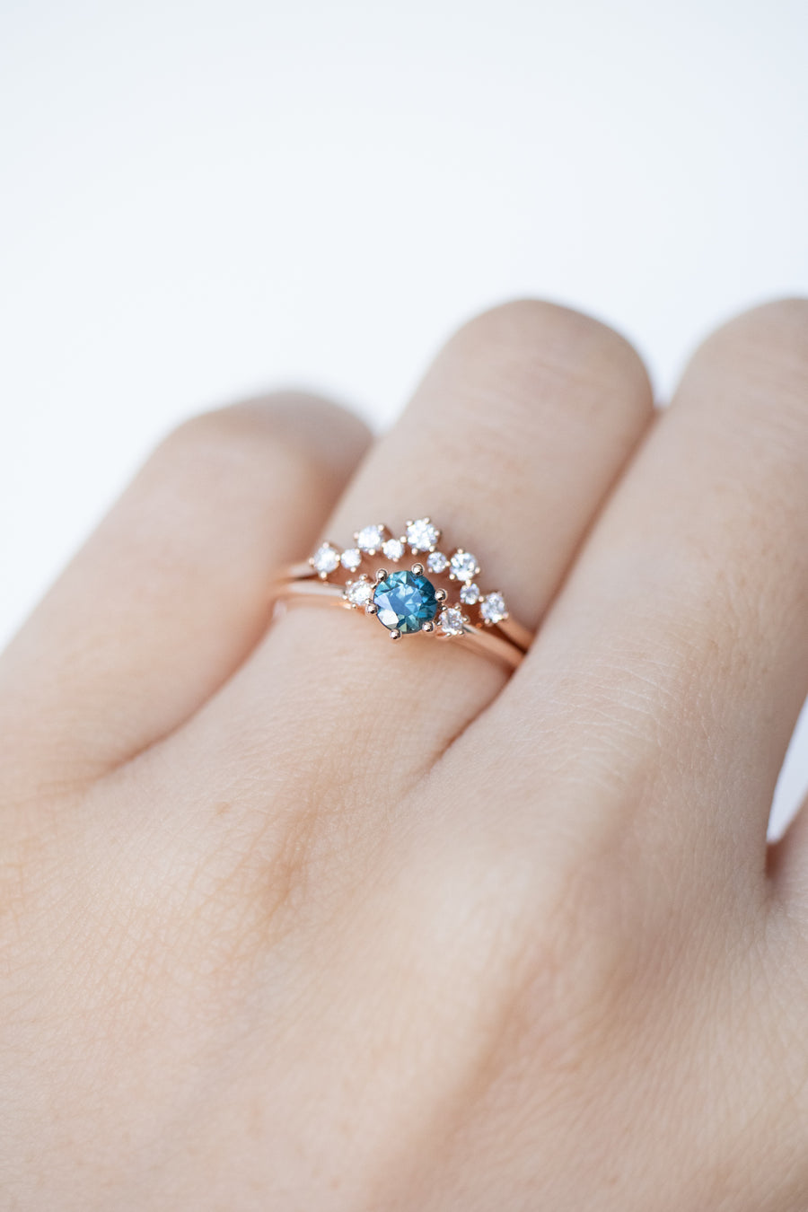 PREORDER - ~0.30carat Natural Teal Sapphire & diamond 18K with ~total 0.17carat Diamond Stacking Ring