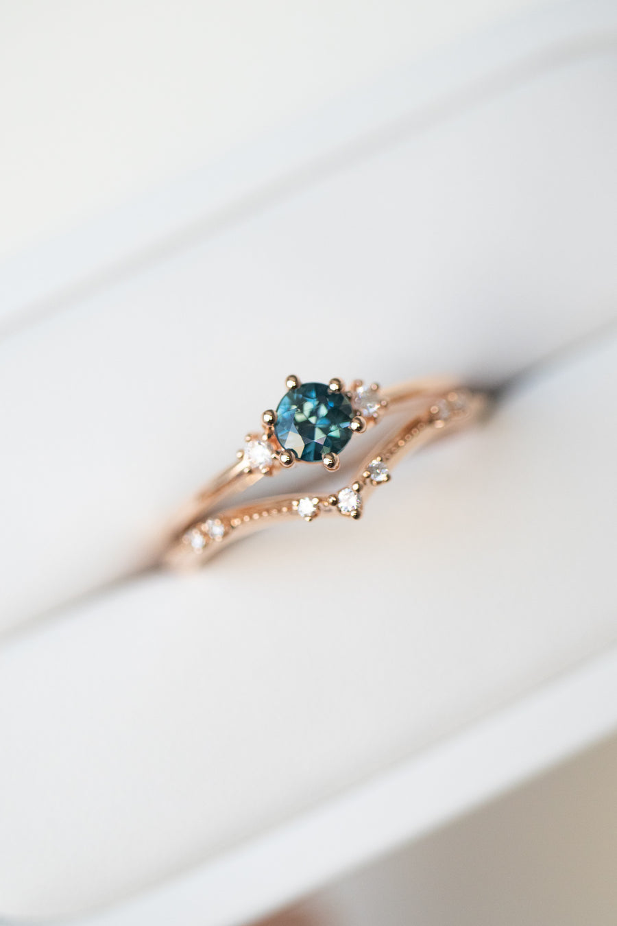 PREORDER - ~0.30ct Teal Sapphire & diamond 18K with total 0.04carat Diamond Stacking Ring