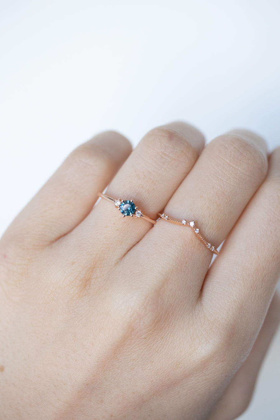 PREORDER - ~0.30ct Teal Sapphire & diamond 18K with total 0.04carat Diamond Stacking Ring