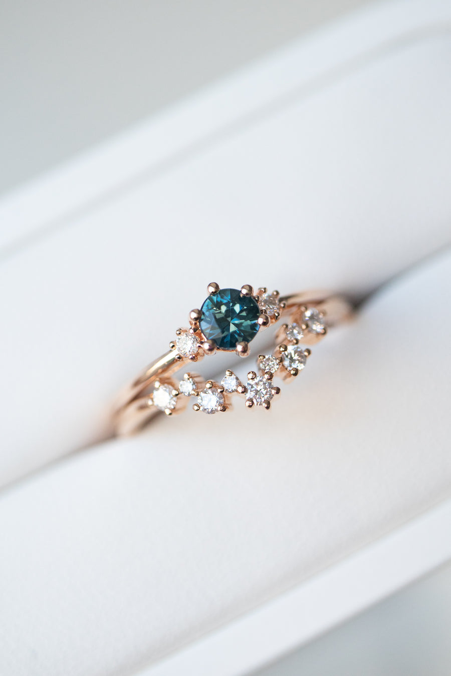 LIMITED DISCOUNT (3 SETS ONLY) ~0.30carat Natural Teal Sapphire & total 0.04carat Diamond 18K with ~total 0.17carat Diamond Stacking Ring