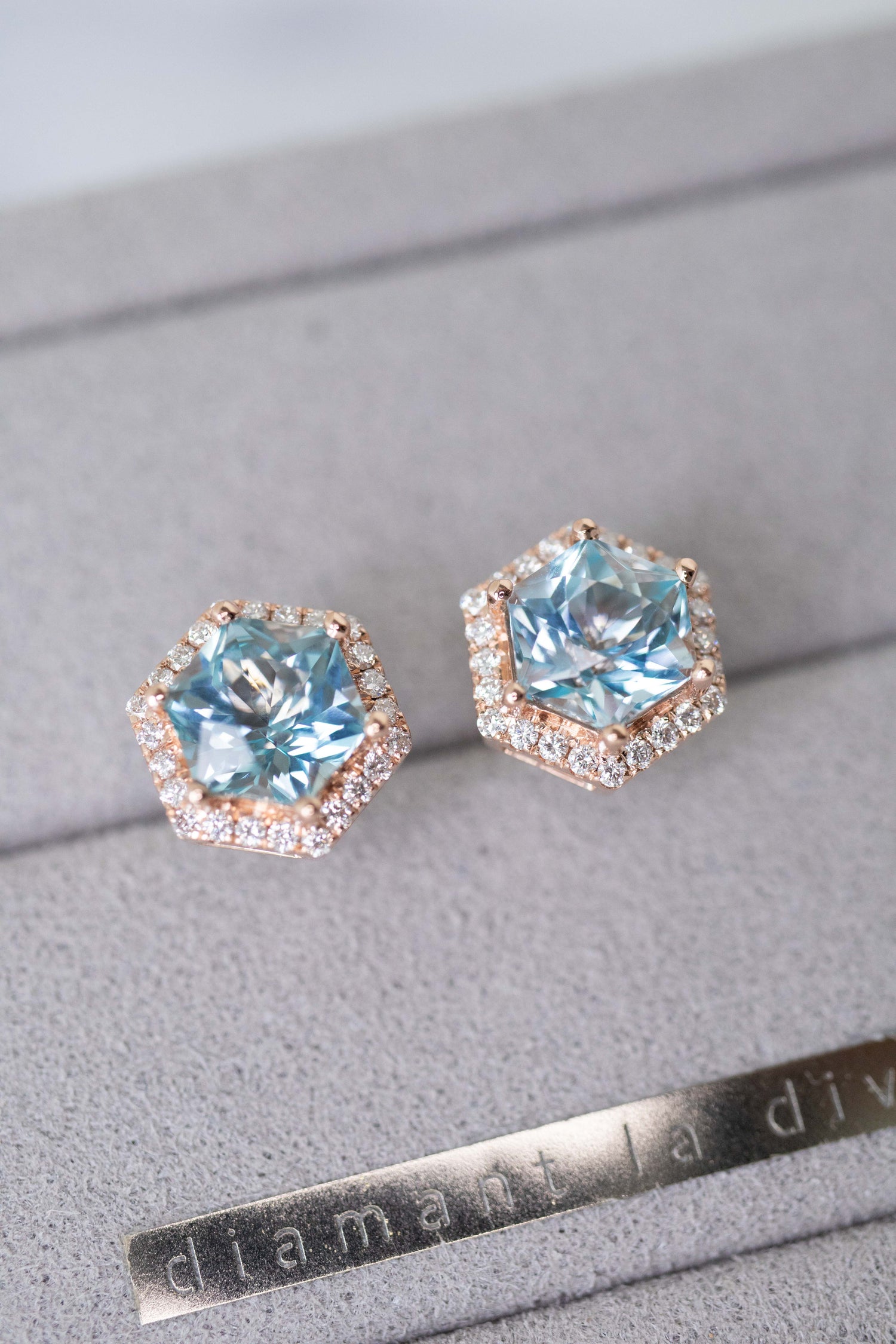 PREORDER - Halo Sky Blue Hexagon Topaz 1+1ct & diamonds 14/18K Stud Earrings