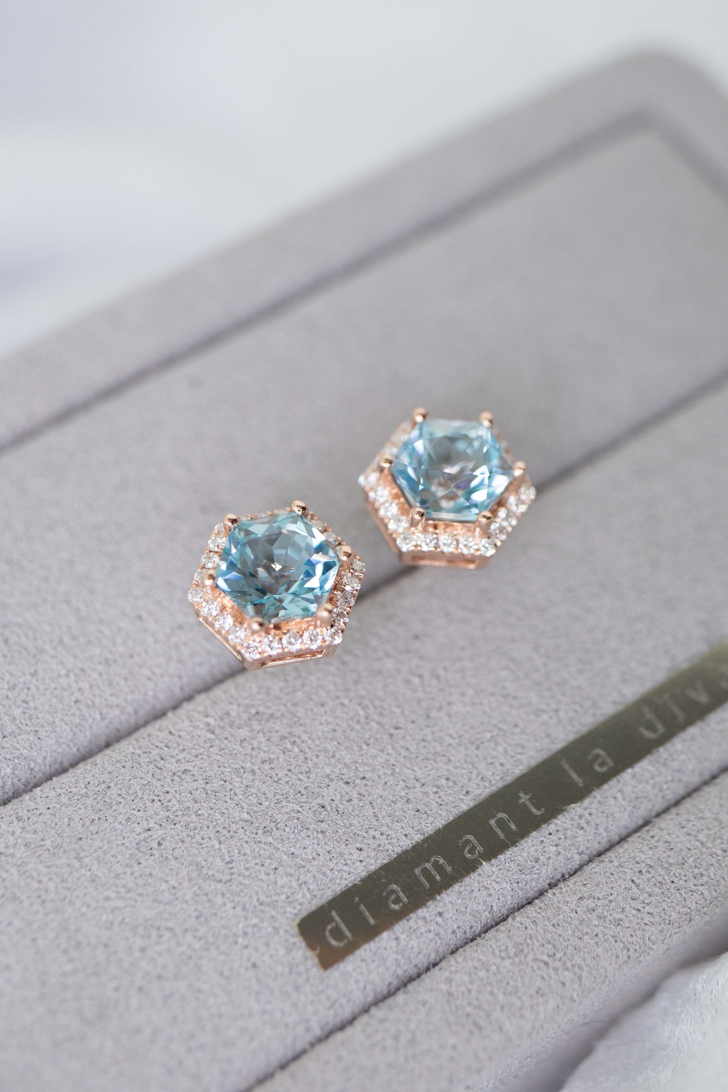 PREORDER - Halo Sky Blue Hexagon Topaz 1+1ct & diamonds 14/18K Stud Earrings